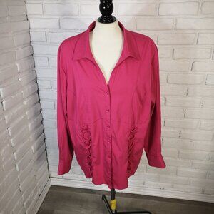 Penningtons Ladies Size 22 Dark Pink Button Front V-neck Long Sleeves Blouse